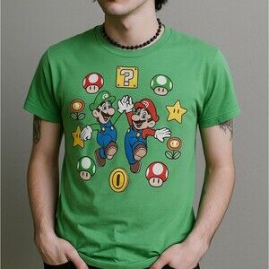 Nintendo Super Mario Bros. Green Graphic Tee XL Luigi Gamer Emo Grunge Retro